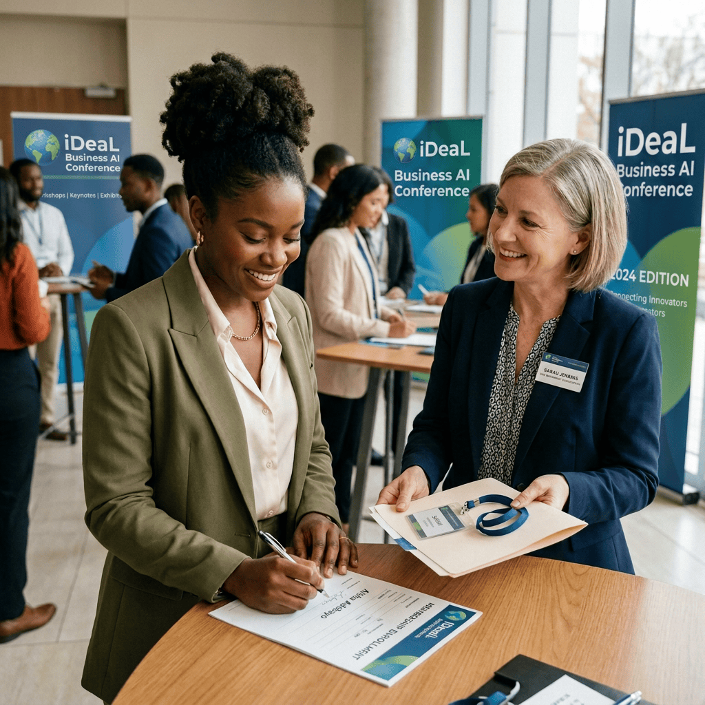 Woman signing registration form at conference desk while staff member assists