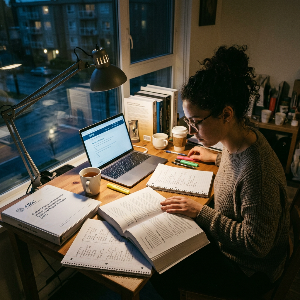 Student studying with books, notes, laptop, and coffee by a window